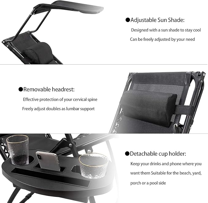 Devoko Patio Zero Gravity Chair Outdoor Recliner Lounge Chair with W/Folding Canopy Shade and Cup Holder (Black)