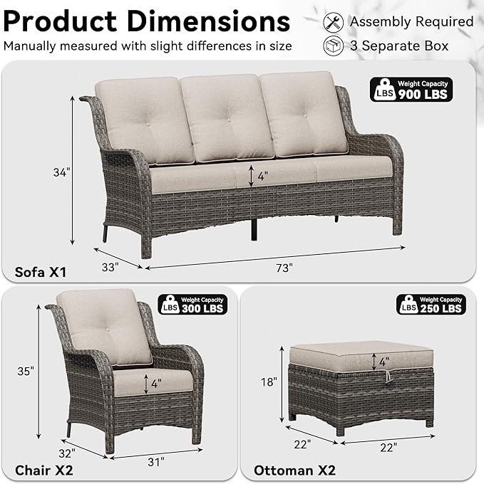 5 Piece Outdoor Wicker Patio Furniture Set, Patio Chairs Set with Thickened Olefin Cushions, High Back and Deep Seating, Hand-Woven PE Rattan, Ottoman for Porch, Deck