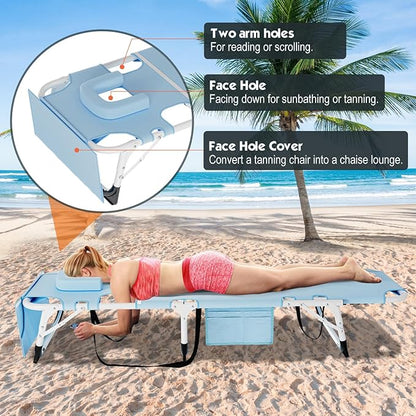 MOPHOTO Oversized Beach Lounge Chair, 5-Position Adjustable Tanning Chair with Face Hole, Heavy Duty Folding Chaise Lounge for Beach, Pool, Patio & Sunbathing
