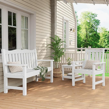 Stoog 3 Pieces All-Weather Patio Furniture Set, Include 2 Outdoor Chairs and 1 Outdoor Bench, White