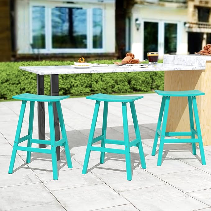 Costaelm All-Weather Bar Stools Set of 3, 29" Height Outdoor Bar Stools, Adirondack Poly Patio Bar Stool for Patio, Deck, Kitchen Counter and Garden, Turquoise