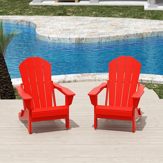 Costaelm Folding Patio Chairs Set of 2, Hdpe Adirondack Chairs Front Porch Furniture Outdoor Seating, All Weather Tanning Chair for Backyard Firepit Garden Lawn, Red