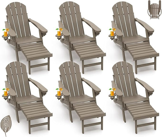 GREENVINES Adirondack-Chairs-with-Ottoman | Set of 6 | Wood Grain | Desert Brown | Folding | Retractable-Footrest | HDPE Plastic | All Weather Fire Pit Chair | Cup Holders | for Outdoor Poolside