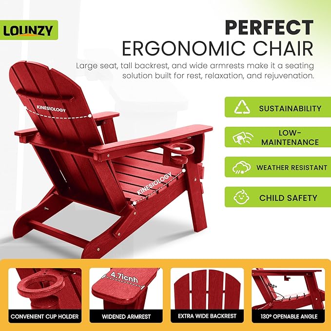 LOUNZY Folding Adirondack Chair Set of 2, Dark Red