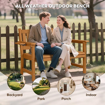 2-Person HIPS Outdoor Bench, Weatherproof Garden Bench with 800 lbs Weight Capacity, Artificial Wood Grains, Never Rot or Fade, Patio Benches for Garden, Porch, Balcony, Backyard, Brown