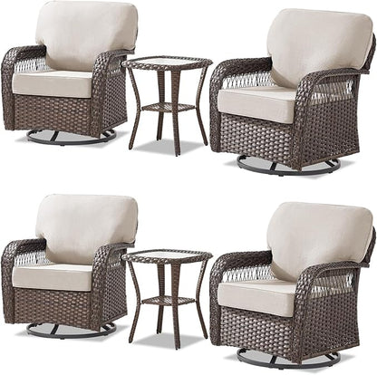 6 Pieces Outdoor Patio Conversation Sets Swivel Chairs, Wicker Swivel Rocker Patio Chairs Set of 4 with Rattan Side Tables, Wicker Outdoor Furniture for Deck Porch Garden Backyard, Beige