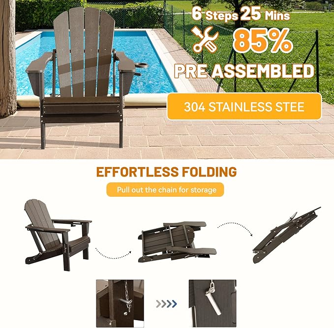 Adirondack Chair, Plastic Adirondack Chairs, HDPE Adirondack Chair, Folding Adirondack Chairs,Outdoor Chairs with Cup Holder for Lawn Patio Deck Fire Pit -Brown