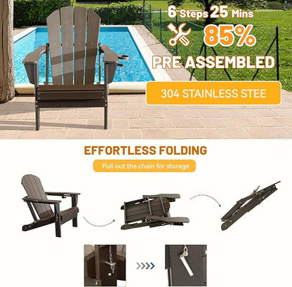 Adirondack Chair, Plastic Adirondack Chairs, HDPE Adirondack Chair, Folding Adirondack Chairs,Outdoor Chairs with Cup Holder for Lawn Patio Deck Fire Pit -Brown