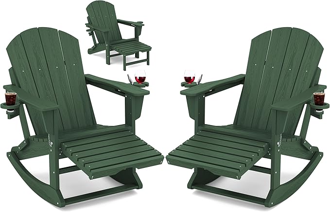 KINGYES Adirondack Rocking Chair Set of 2 with Retractable Ottoman and Cup Holders, HDPE Adirondack Rocker Patio Rocking Chair for Porch, Patio, Balcony, Dark Green