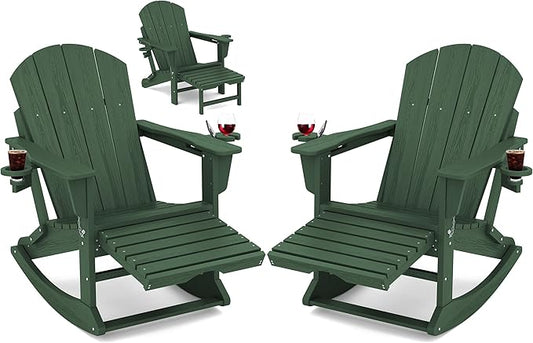 KINGYES Adirondack Rocking Chair Set of 2 with Retractable Ottoman and Cup Holders, HDPE Adirondack Rocker Patio Rocking Chair for Porch, Patio, Balcony, Dark Green