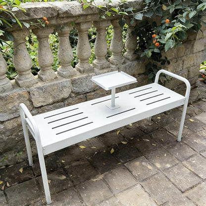 Modern Floor Patio Bench, 2-Person Metal Garden Bench Seat, Outdoor Benches Weatherproof with Built-in Small Table and Armrests, 120cm/47.2in Park Benches Outdoor Furniture(White)