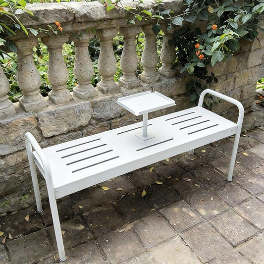 Modern Floor Patio Bench, 2-Person Metal Garden Bench Seat, Outdoor Benches Weatherproof with Built-in Small Table and Armrests, 120cm/47.2in Park Benches Outdoor Furniture(White)