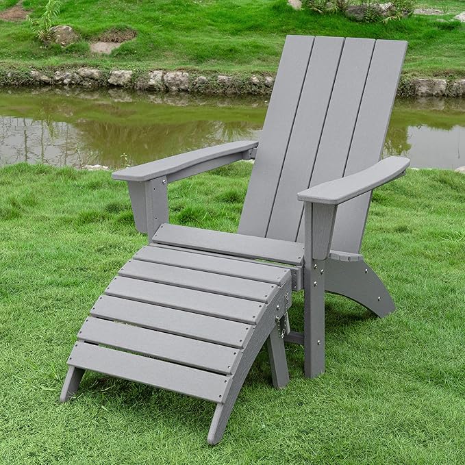 Adirondack Chair with Ottoman Weather Resistant Fire Pit Chairs with Footrest HDPE Outdoor Adirondack Chair for Patio Front Porch Pool Garden Deck Fire Pit Outside, Light Grey