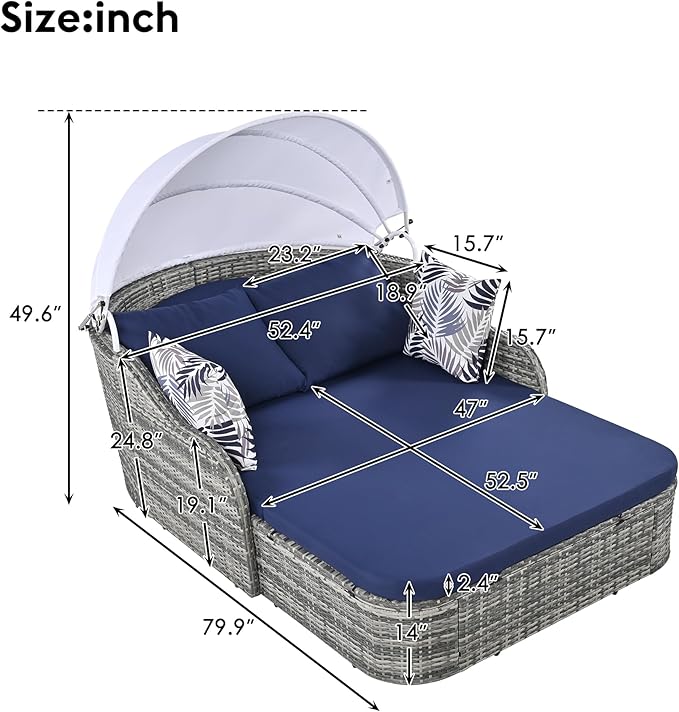 79.9" Outdoor Rattan Sunbed, Patio Wicker Daybed Lounger with Adjustable Canopy, Double Lounge, Thick Seat & Cushions - Photo 3
