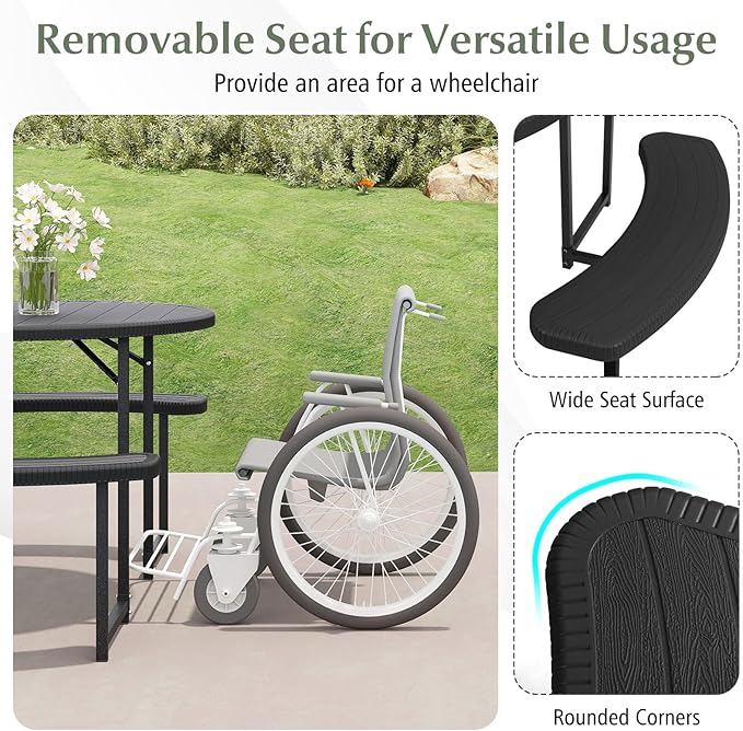 Giantex Picnic Table Bench Set for 4-8 Person, Round 37” Outdoor Dining Table w/Umbrella Hole, HDPE Tabletop - Photo 5