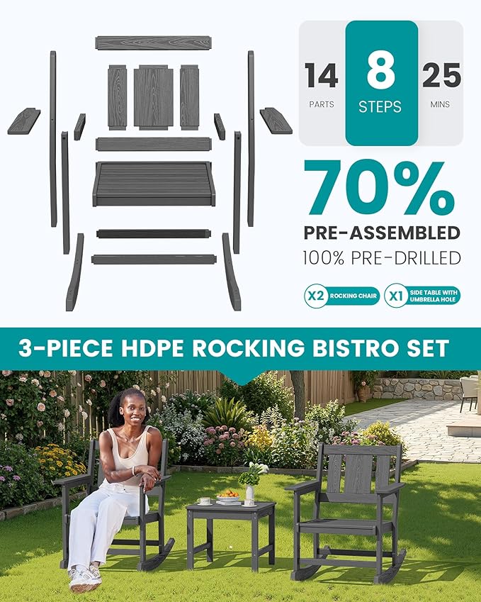 SERWALL Outdoor Rocking Chairs Set of 2 with 1 Side Table & 9ft Patio Umbrella - Photo 6