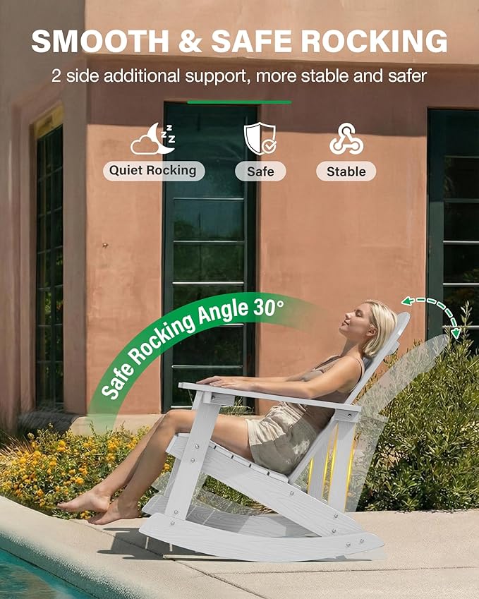YEFU Outdoor Rocking Chair,Adirondack Rocking Chair,Patio Rocker Chair with Wide Back,Oversized Rocker Chair Look Like Real Wood, for Lawn, Porch, Backyard, Indoor and Garden(White)