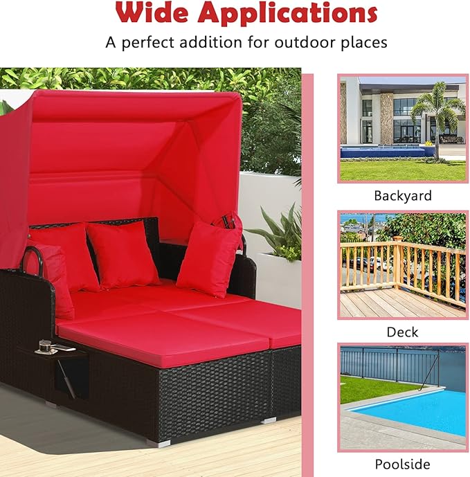ORALNER Outdoor Daybed, 2-Person Wicker Patio Sofa with Retractable Canopy, Cushions & Pillows, 2 Side Trays - Photo 8