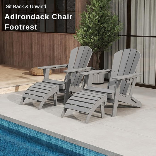 Folding Adirondack Ottoman Footrest, HDPE Plastic Outdoor Footstool No Assembly Required, All-Weather Foldable Ottoman for Adirondack Chair, Patio, Lawn, Garden, Deck, Poolside, Fire Pit, Gray