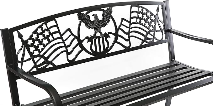 Steel Outdoor Patio Garden Park Seating Bench with Cast Iron Patriotic American Flag and Eagle Backrest, Front Porch Yard Bench Lawn Decor