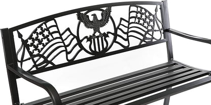 Steel Outdoor Patio Garden Park Seating Bench with Cast Iron Patriotic American Flag and Eagle Backrest, Front Porch Yard Bench Lawn Decor