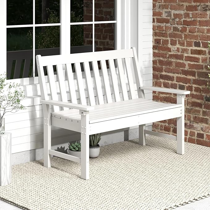 Tangkula HDPE Outdoor Garden Bench with Backrest, 2-Person All-Weather Patio Loveseat Chair with Slatted Seat, 705 lbs Weight Capacity, Patio Benches for Balcony, Garden, Porch, Backyard & Park, White