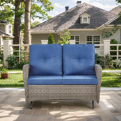 Outdoor Glider Bench-2 Seater Patio Glider Loveseat with High Back and Deep Seating Outdoor Couch for Deck Porch Garden Balcony Poolside-Grey/Blue