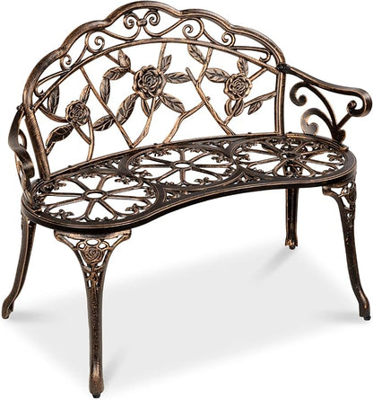 Best Choice Products Outdoor Bench Steel Garden Patio Porch Loveseat Furniture for Lawn, Park, Deck Seating w/Floral Rose Accent, Antique Finish - Bronze