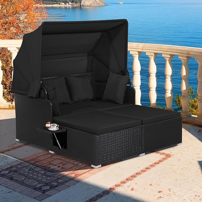 Moccha Outdoor Daybed with Retractable Canopy, Wicker Cabana with 2 Side Tables & Soft Cushions - Photo 2