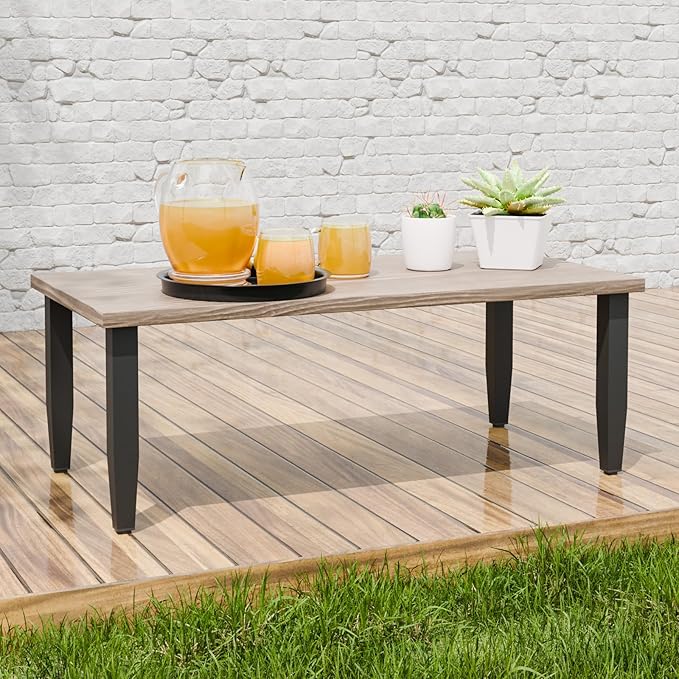 EAGLE PEAK Modern Outdoor Table, Patio Coffee Table with Wood Grain Top for Deck, Porch, Balcony, Garden