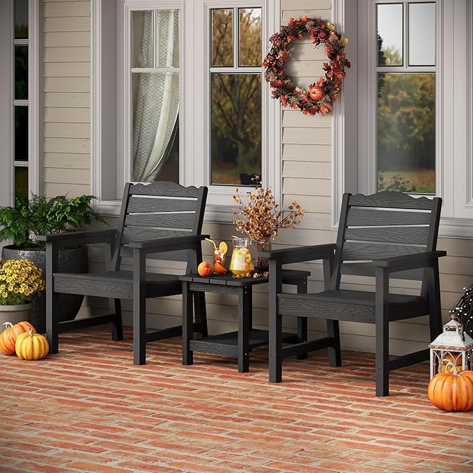Patio Chairs Set, 3 Pieces Weatherproof HIPS Outdoor Furniture, Patio Chairs Conversation Sets with Side Table for Garden Porch Lawn & Backyard (Black)