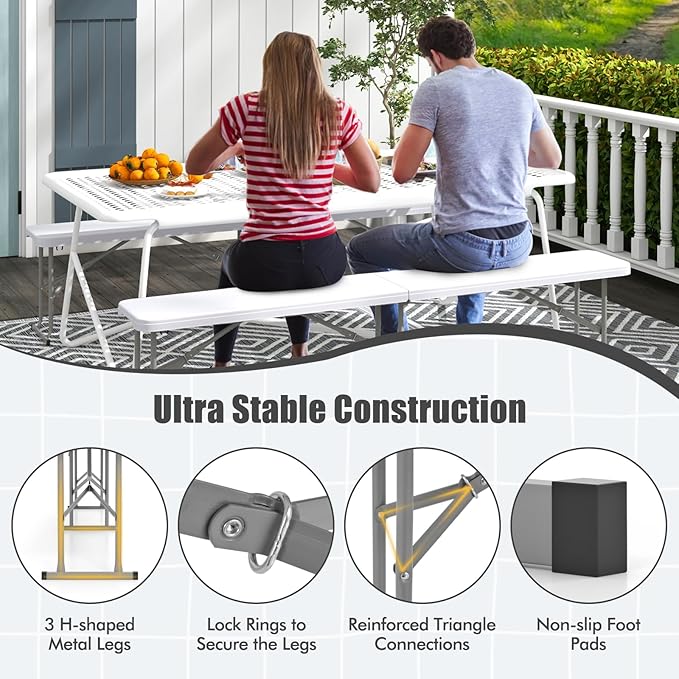 Giantex 6 Feet Plastic Folding Bench, Portable Picnic Seat for BBQ Party Camping Dining, HDPE Top, Metal Frame, Indoor Outdoor Fold-in-Half Bench for Garden Entertainment Activities Sport Events