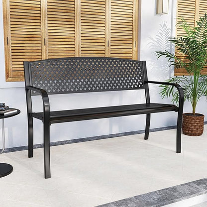 Tangkula Metal Outdoor Park Bench, 50 Inches Garden Bench with Patterned Backrest and Curved Armrests, 2-3-Person Patio Bench, Outside Heavy-Duty Metal Loveseat Chair for Porch, Lawn, Yard & Park