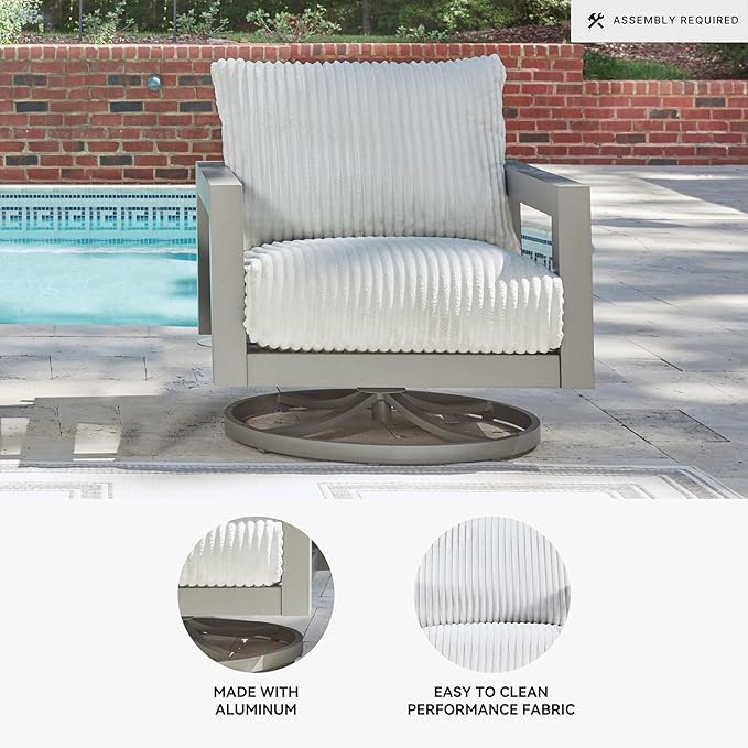 Signature Design by Ashley Moonlight View Contemporary Nuvella Weather Resistant Fabric Outdoor Swivel Chair with Zippered Removable Cushions, Light Gray & Beige