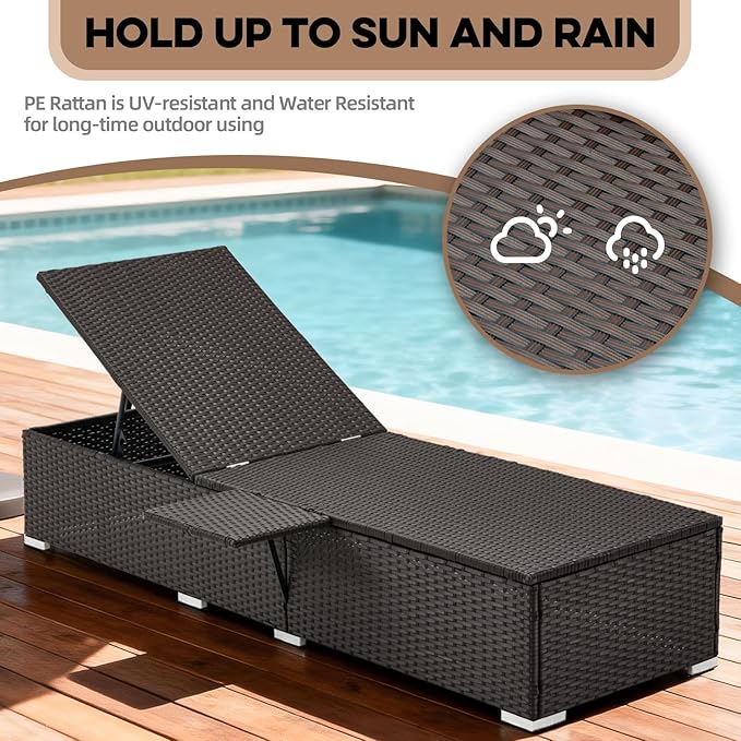 Outdoor Chaise Lounge with Adjustable Backrest Set of 2, 6-Position Reclining Lounger Pool Chair, Thick 3-Inch Cushion & Side Tray, All-Weather PE Wicker for Outdoor, Backyard, Deck (Khaki)