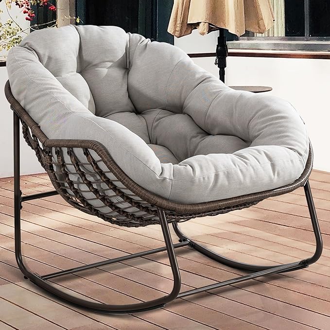 HOMEFUN Outdoor Patio Rocking Chairs, Oversized Papasan Rock Chair Indoor with Padded Cushion - Rocker Egg for Front Porch, Garden, Backyard Beige