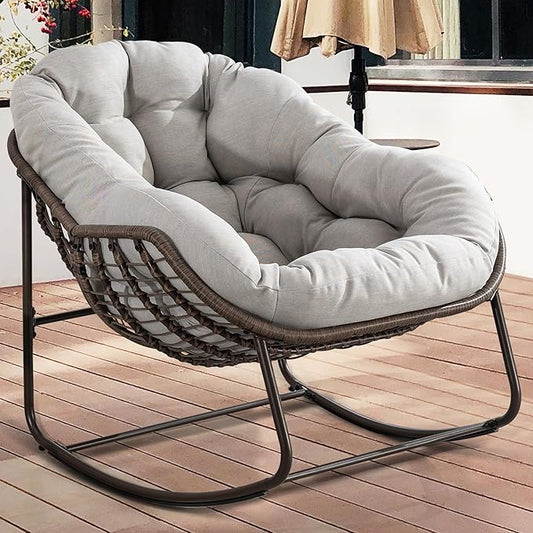 HOMEFUN Outdoor Patio Rocking Chairs, Oversized Papasan Rock Chair Indoor with Padded Cushion - Rocker Egg for Front Porch, Garden, Backyard Beige
