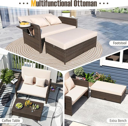 S AFSTAR Outdoor Daybed with Storage Ottoman, Wicker Chaise Lounge Chair with Cushions, Adjustable Backrest & 2 Retractable Trays, Patio Rattan Daybed Loveseat Sofa for Poolside Backyard