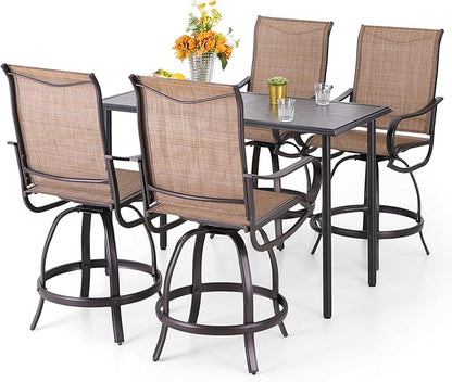 PHI VILLA 5 Piece Outdoor Bar Set, Counter Height Patio Bar Table and Chairs with 26.8" Swivel Bar Stools Brown & Rectangle Bar Table for Garden, Terrace, Yard and Deck