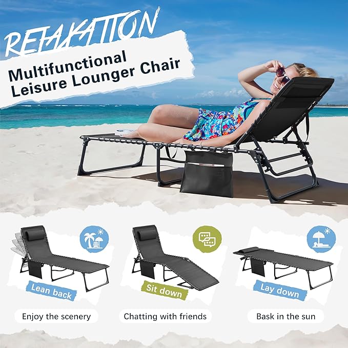 Greesum Chaise Lounge Folding Tanning Chair with 5 Position Adjustable Back, Detachable Pillow & Pocket Outside Pool, Beach, Sunbathing, Black