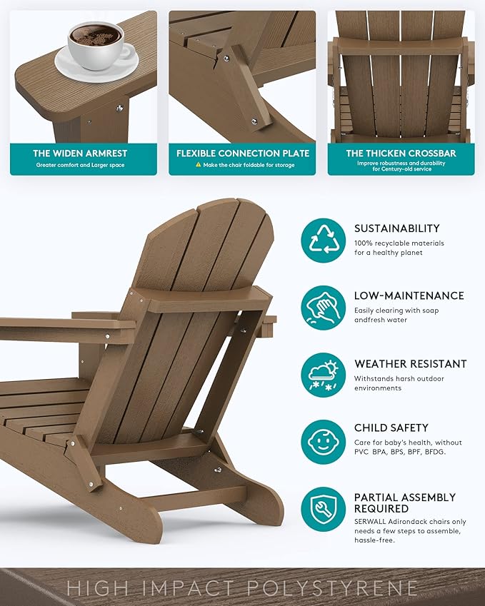 SERWALL Folding Adirondack Chair Set of 4 Outdoor Chairs with Cup Holder Painted Adirondack Chair Weather Resistant for Patio Deck Garden, Backyard Deck, Fire Pit- Brown