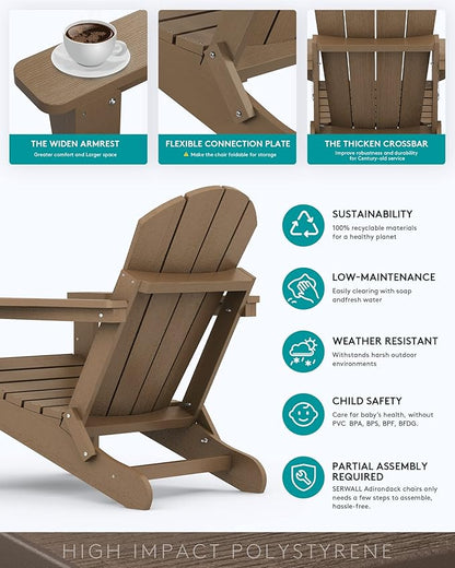 SERWALL Folding Adirondack Chair Set of 4 Outdoor Chairs with Cup Holder Painted Adirondack Chair Weather Resistant for Patio Deck Garden, Backyard Deck, Fire Pit- Brown