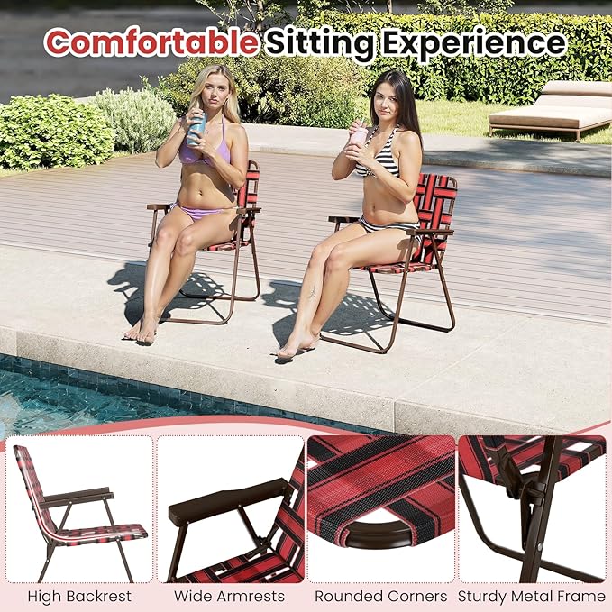 GYMAX Lawn Chair Folding, Webbed Beach Lounge Chairs Set with Highback - Photo 4