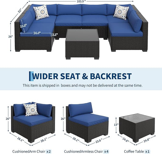 7-Piece Outdoor Patio Furniture Set, Modular Sectional Sofa with Water-Resistant Washable Thick Cushions & Coffee Table, Rattan & Wicker Conversation Set, Brown Frame (Black Wicker & Blue Cushions)