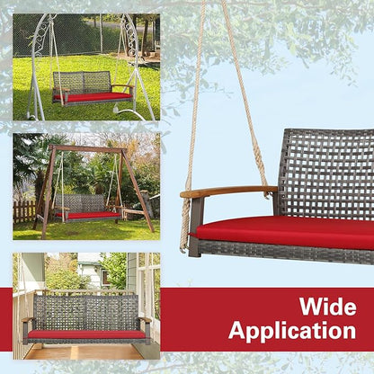 Tangkula 2-Person Outdoor Porch Swing with 118" Hanging Ropes, Patiojoy PE Wicker Patio Hanging Swing Bench with Soft Seat Cushion & 800 Lbs Weight Capacity, Suitable for Patio, Garden (Red)