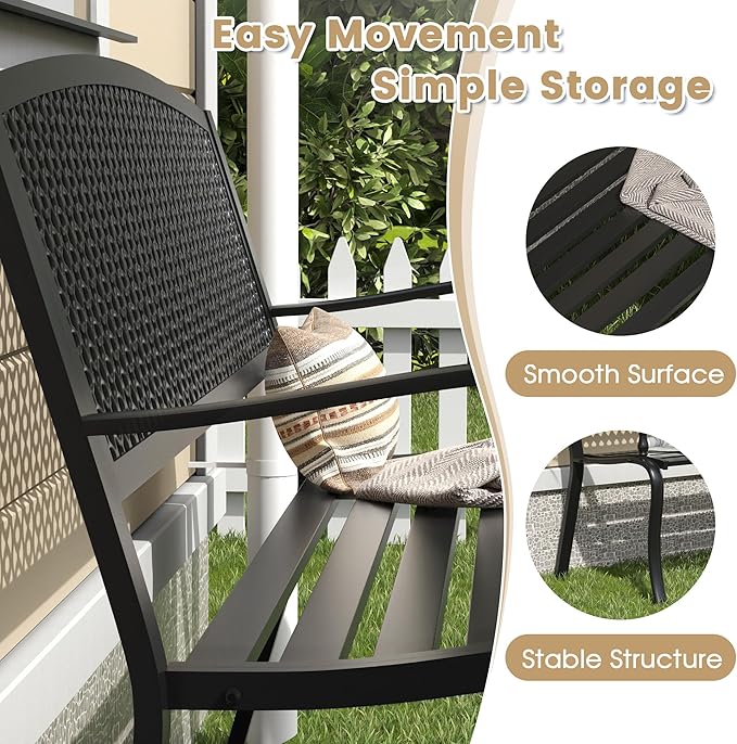 VICLLAX Outdoor Garden Bench, Metal Frame Patio Bench with Oval Design Backrest for Porch Yard Lawn Deck, Black