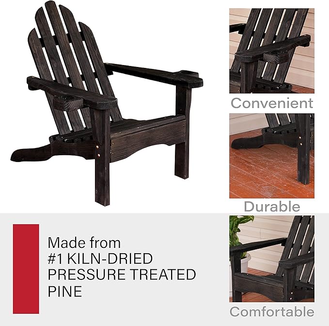 Amish Casual Heavy Duty Adirondack Chair with Cup Holder in Semi-Solid Black Stain - Authentic Amish Craftmanship from Treated Pine, Outdoor Chair Made in The USA, 800 Lb Weight Capacity