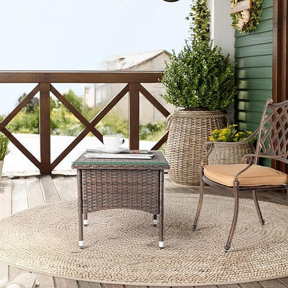Outvita 20" Patio Coffee Table, Glass Tabletop Square Side Table, Waterproof & Rustproof, Adjustable Feet, Elegant Brown Outdoor Table for Garden Porch Yard