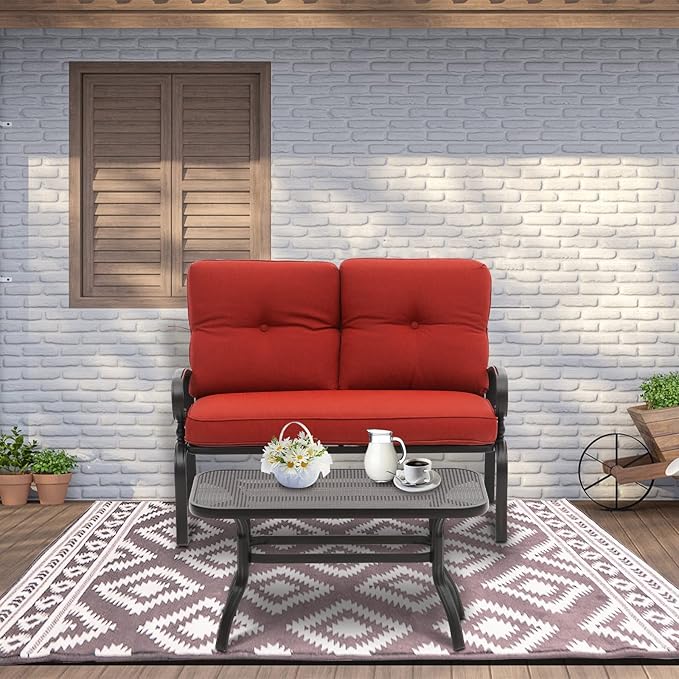 Incbruce Patio Loveseat with Coffee Table - Outdoor Bench with Cushion,2 Piece Wrought Iron Outdoor Loveseat Metal Frame Porch Furniture Set Bench for Patio, Poolside, Garden (Red)
