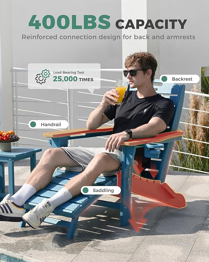 Folding Adirondack Chairs Set of 2,Adirondack Chair with Retractable Ottoman,Plastic Adirondack Chairs with 2 Cup Holder,Weather Resistant Patio Chair,Outdoor Chairs Set of 2(Navy Blue)